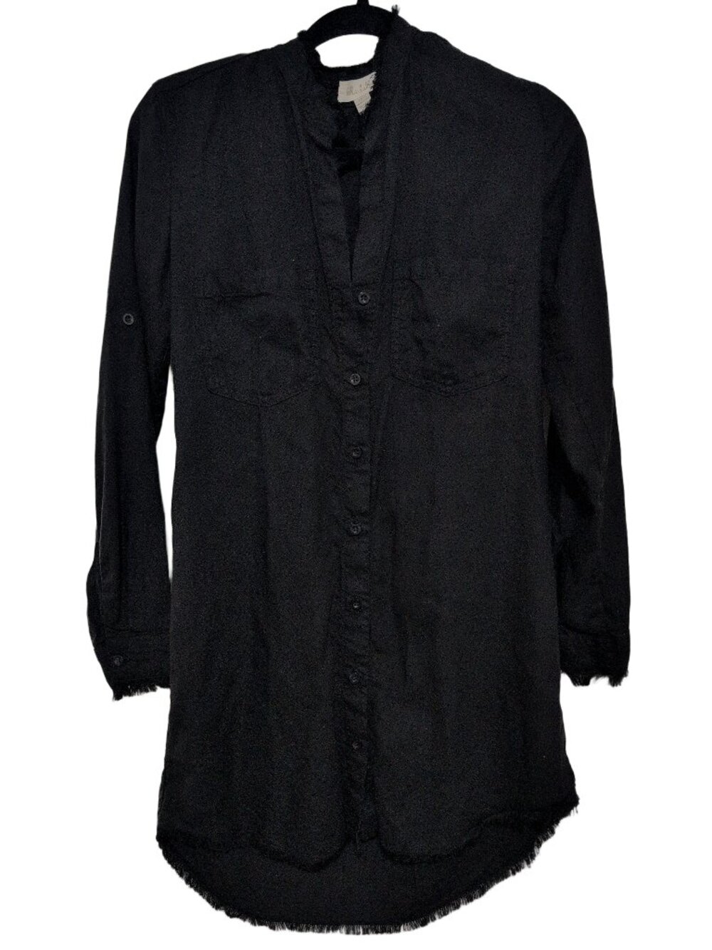 Bella Dahl XS Black Fringe Tunic Mini Dress Button Up Long Sleeve Western Casual